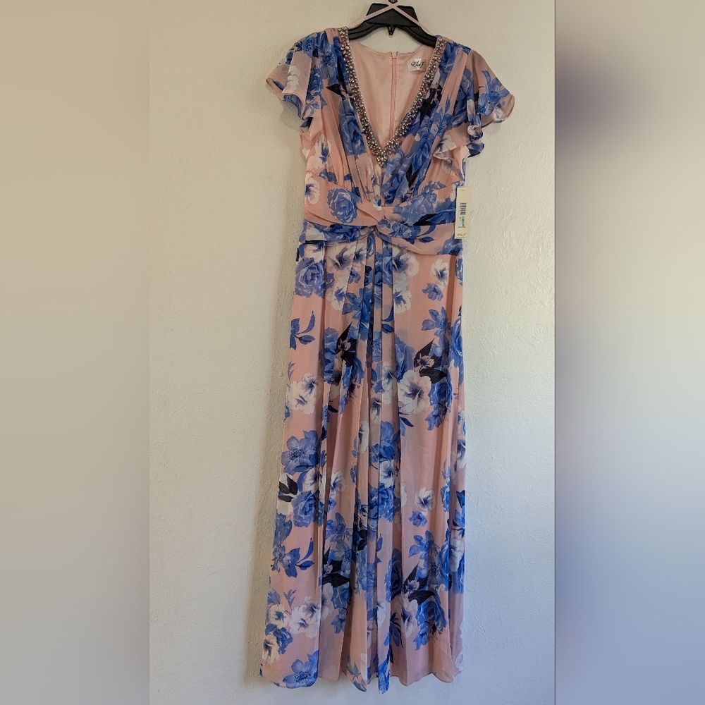 NWT Eliza J Women's Floral Print Rhinestone Embellished Gown Pink Size 8P